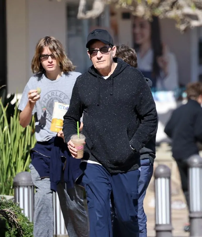 Charlie Sheen’s Tall Twin Sons Join Him for Smoothies in Malibu