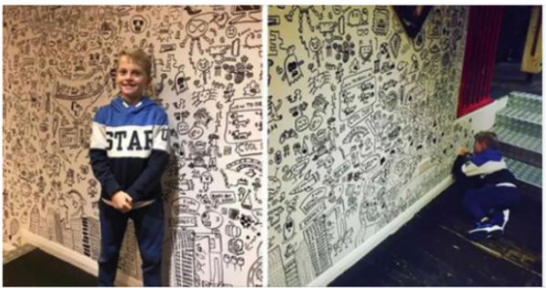 Boy Gets Into Trouble For Doodling At School – Hired By Restaurant To Create Wall Art