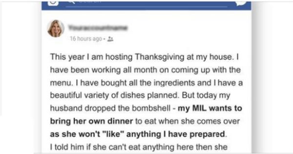 My Mother-In-Law Doesn’t Want to Eat Thanksgiving Dinner I Cook, Plans to Bring Her Own Meals