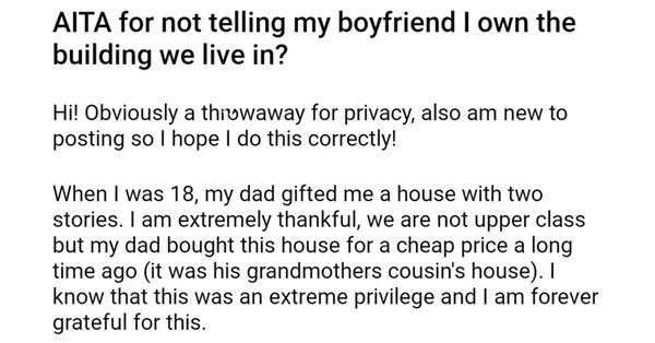 AITA For Not Telling My Boyfriend I Own The Building We Live In