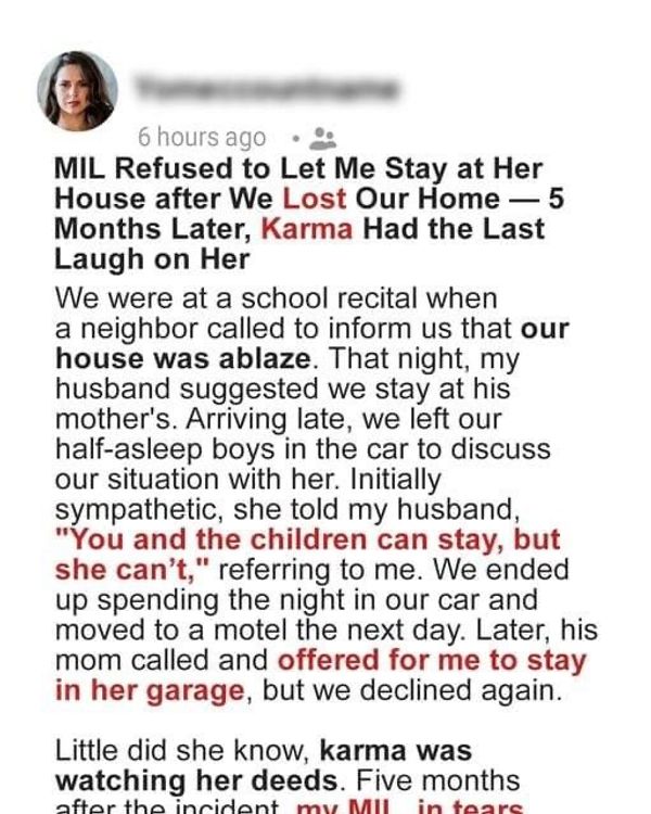 MIL Refused to Let Me Stay at Her House after We Lost Our Home – 5 Months Later, Karma Had the Last Laugh on Her