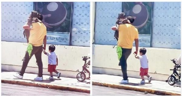 Father Praised for Choosing to Carry His Large Dog Instead of His Young Son