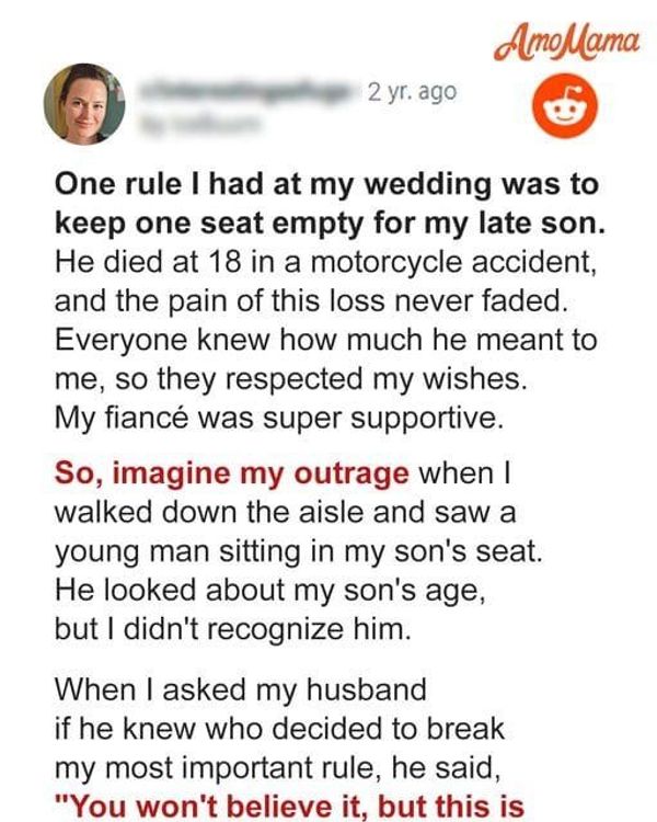 Woman Leaves Empty Seat for Late Son at Her Wedding, Sees Unfamiliar Man Occupy It