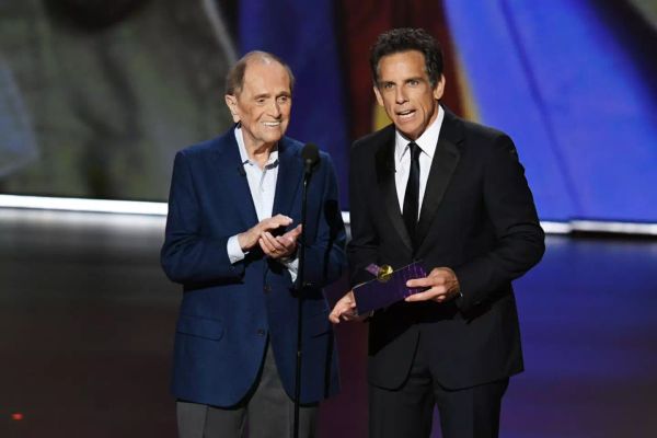 Bob Newhart and Ben Stiller speak onstage at the 71st Emmy Awards in 2019. (Kevin Winter/Getty Images)