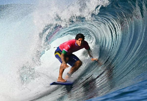 Medina riding a barrel wave at Teahupo'o in Tahiti. (JEROME BROUILLET/AFP via Getty Images)