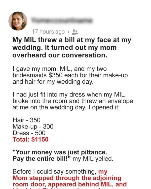 MIL Demands That Bride Pays for Her Wedding Hair, Makeup & Dress – Bride’s Mom Overhears & Confronts Her